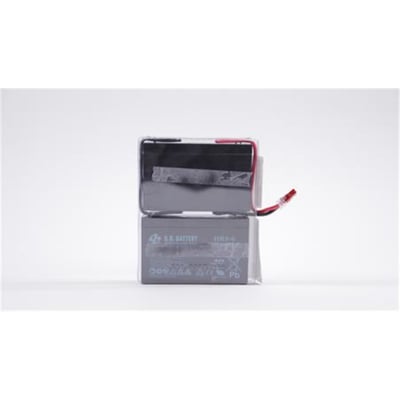 Eaton Easy Battery+ batteripakke J til UPS med to grå batterier og røde ledninger, 12 V og 2 x 6 V/9 Ah.