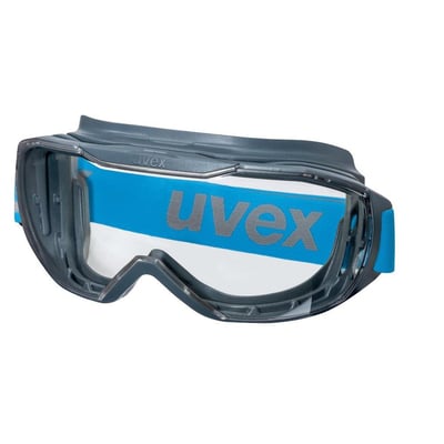 Uvex Megasonic gogglebrille med klar linse og grå ramme. Bredt blåt bånd med Uvex logo ses igennem linsen.