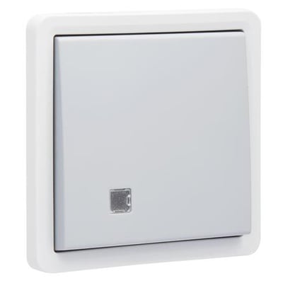 Niko afbryder med linse i grå og hvid, 2-polet, stænktæt IP55, med tydelig synlig linsedetalje på fronten.