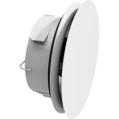 Lindab Airy rund frontplade til ventilationssystem med 125 mm diameter, i hvid RAL9003. Den har et cirkulært design og er vist fra siden.