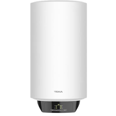 Elektrisk vandvarmer fra Teka med 30 liters kapacitet, hvid cylinder og sort kontrolpanel med LED-indikator.