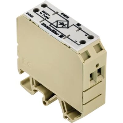 Weidmüller Ensrettermodul EGD1 EG2 4D i beige plast med orange mærkat, der viser 250V, 1A og elektrisk diagram. Monteres på DIN-skinne.