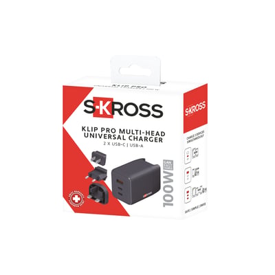Emballagen til Skross Multihead UniCharger viser den sorte 100 W GaN-oplader med USB-A, to USB-C-porte og udskiftelige stik.