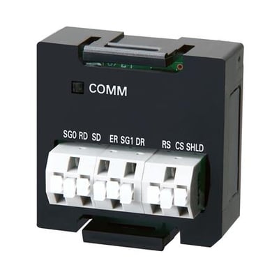 Omron Sysmac NX1P RS-232C skrueløst kommunikationskort med hvid terminalblok og mærkat med 'COMM'.