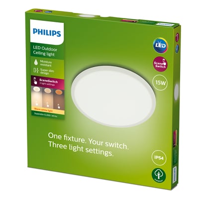 Philips Superslim LED udendørs loftlampe i hvid med Sceneswitch funktion, 15W og IP54 klassificering.