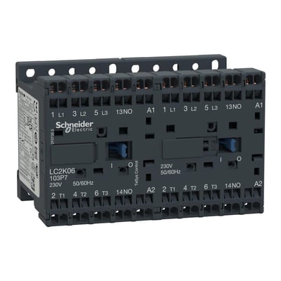 Schneider Electric TeSys K reverseringskontaktor, model LC2K06 103P7, med 230V spænding og 3P poltal, viser mange tilslutningsmuligheder.