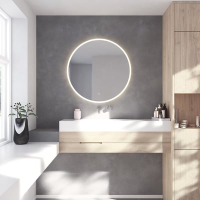 Loevschall Atlas rundt spejl, Ø100 cm, med dæmpbart lys og backlight, monteret over håndvask på badeværelse.