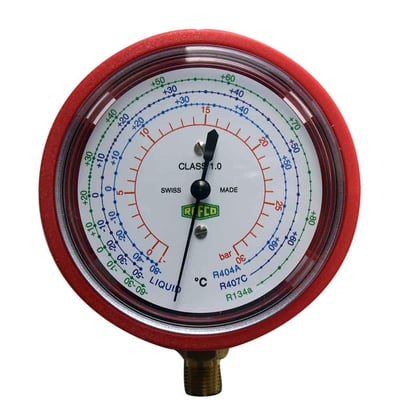 Refco PM2-300-M-R407C-manometer med rød kant og farvede skalaer til R134a, R404A og R407C.