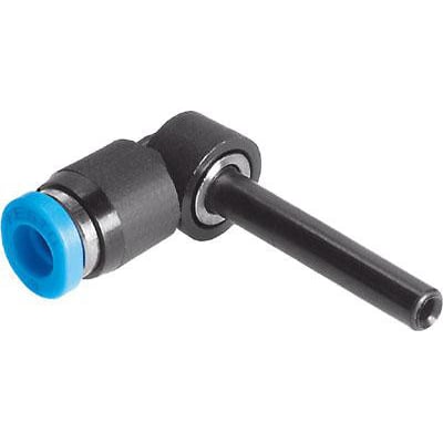 Festo vinkel-stikforbindelse QSML-3H i sort plast med blå push-in sleeve og 1,2 mm nominel størrelse.