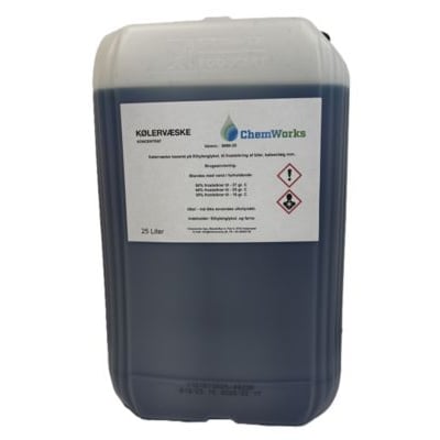 ChemWorks kølervæske koncentrat baseret på ethylenglykol i en 25 liters plastbeholder med tydelig mærkning og faresymboler.