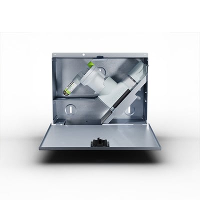 Camro SafeTrapAutomatic med åben Safebox set forfra, viser tydeligt den automatiske udløsermekanisme og gaspatronen.