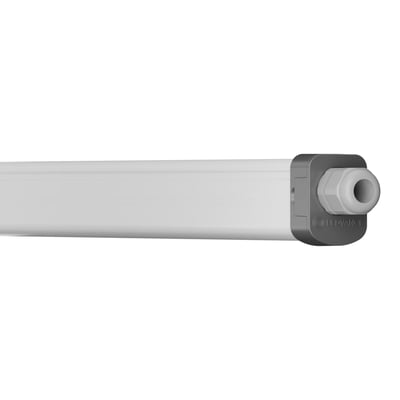 Hvidt LEDVANCE Damp Proof Slim Value LED-armatur på 1500 mm med 5500 lm og synlig kabelgennemføring i enden.