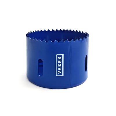 VAERK hulsav i blå metal med 76 mm diameter og skarpe tænder til effektiv boring.