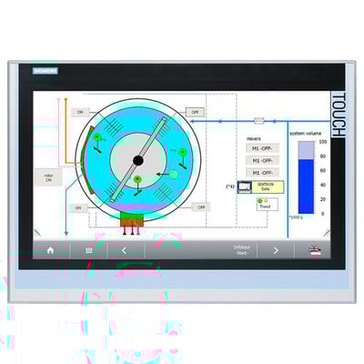 Siemens SIPLUS HMI TP1900 Comfort touchpanel viser en procesgrafik med en roterende skive, systemvolumenindikator og knapper.