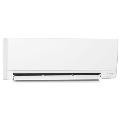Hvid Mitsubishi MSZ-AY35VGK varmepumpeindedel med den lange luftudgangsklap åben, model med WiFi og 2,9 kW.