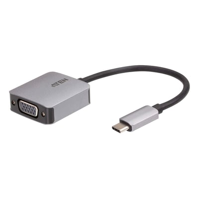ATEN USB-C til VGA adapter i grå metal med et fastmonteret sort kabel og en VGA-port på den ene ende.