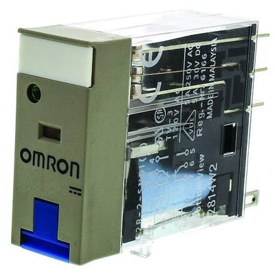 Omron G2R-2-SNDI relæ med 8 poler og DPDT-konfiguration, fremhævet med mekanisk testknap og LED-indikator.