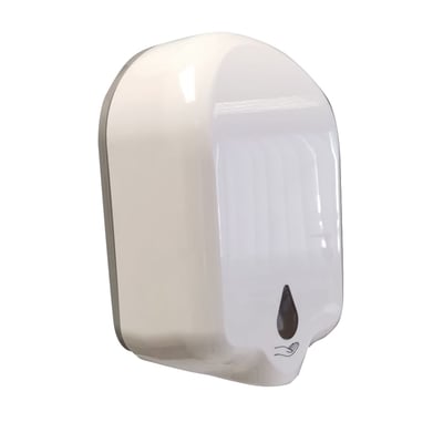 HeFe berøringsfri sæbedispenser i blank hvid plast med ikon for hånd og sæbedrop. Mål: 106 x 140 x 236 mm.