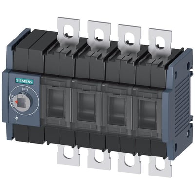 Siemens 4-polet afbryder på 125A med frontbetjening og flad terminal, viser ON/OFF-indikator og solide tilslutningsklemmer.