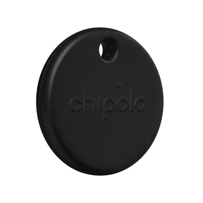 Sort Chipolo POP Bluetooth-tracker til nøgler og tasker med rundt design, indbygget hul og Chipolo-logo.