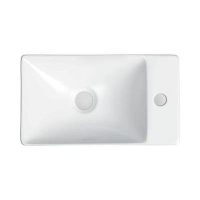 Top view af en firkantet, mat hvid keramisk håndvask 38x22x10 cm med hanehul til højre og uden overløb.