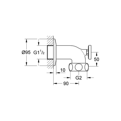 Teknisk tegning af Grohe Lahr afgangsbøjning med mål og dimensioner for 2" x 1 1/2" gevind og 90 mm fremspring.