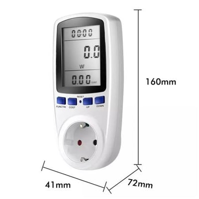 Digital LCD-energimåler til Schuko-stikkontakt vist med display og mål på 160 × 41 × 72 mm.