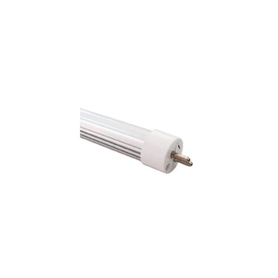 Nærbillede af LEDlife T5-ULTRA55 EXT LED-rør, viser T5/G5 fatning og 17mm diameter på en hvid baggrund.