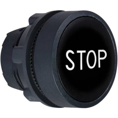 Schneider Electric Harmony Style 5 trykknap med sort paddetryk og hvid "STOP" tekst, ZB5AA234 model, lavet af kunststof.