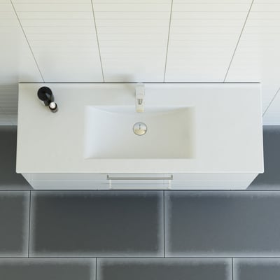 Top view af Dansani 121 cm Mido+ møbel i hvid højglans med Amber vask, krom armatur og to skuffer.