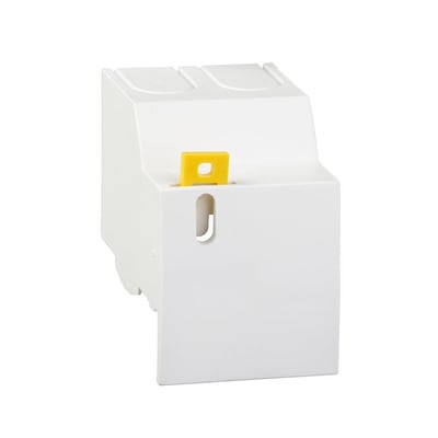 Sidebillede af Schneider Electric A9A26976 klemme/kabel afdækning, der viser den hvide montering med en gul markeringsflip.