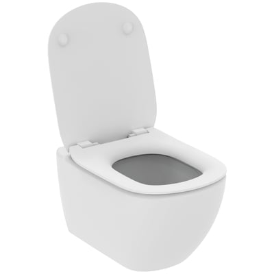 Skråt ovenfra-billede af et åbent Ideal Standard væghængt toilet i hvid, der tydeligt viser kummen og sædet.