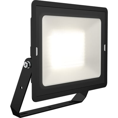 Skrå frontvisning af en sort Ansell Lighting Eden LED projektør med lyset tændt, viser en bred lysspredning og robust design, isoleret på hvid baggrund.