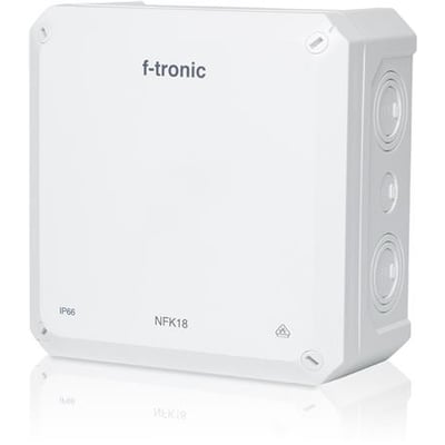 Hvid forgreningsdåse fra f-tronic, model NFK18, med IP66-klassificering og mål på 180x180x93mm.
