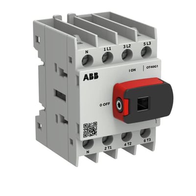 ABB OT40G1-4BSN1, 3-polet lastafbryder på 40 A, set skråt ovenfra med rødt og sort drejegreb.