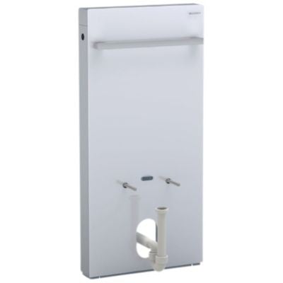 Bagside af Geberit Monolith bidetmodulet, viser tilslutninger og P-vandlås i hvidt glas og aluminium.