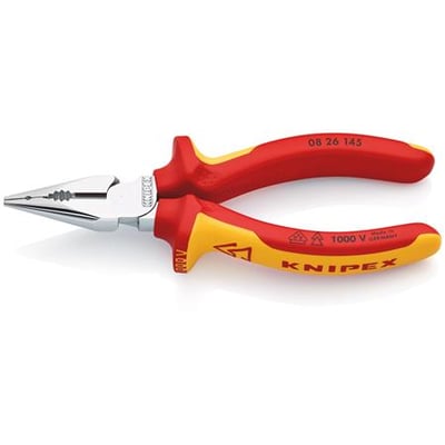 Knipex spids kombitang 08 26 145 med rød-gule isolerede håndtag og mærket 1000V, ideel til installationsarbejde.