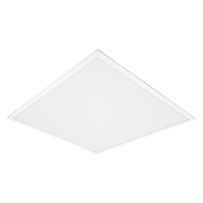 Hvidt, kvadratisk LEDVANCE Panel Comfort Power Select LED-panel fra Osram på 33 W, set skråt forfra.