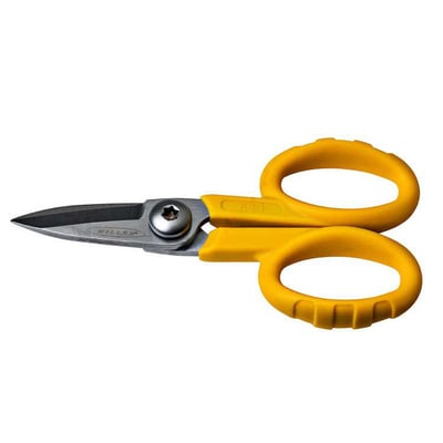 Ergonomisk Kevlar saks model 160-KS-1 med gule greb og skarpe metalklinger, velegnet til præcis klipning af stærke fibre.