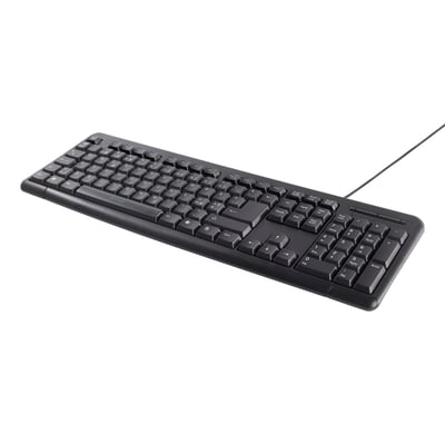 Deltaco sort tastatur med nordisk layout og USB-tilslutning, vist fra siden med en let vinkel for at vise proportionerne.