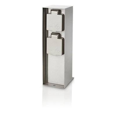 Frontvisning af Philips Lighting myGarden Rock med to IP44-klassificerede stikkontakter i rustfrit stål med sidejord, perfekt til havebrug.
