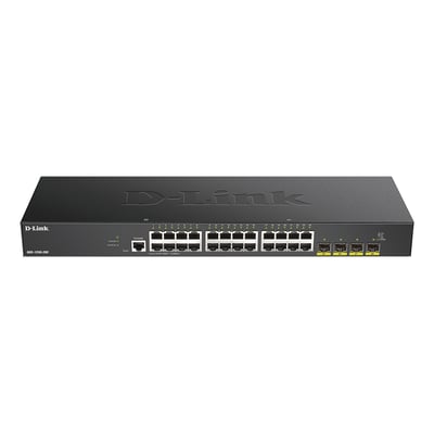 Sort D-Link DGS-1250-28X administrerbar switch set forfra med 24 Gigabit Ethernet-porte og 4 SFP+-porte.