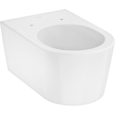 Frontvisning af Hansgrohe Elupura S væghængt toilet, hvidt porcelæn, uden skyllerand, med synlige monteringshuller og glat overflade.