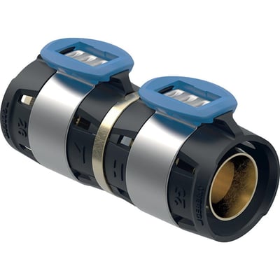 Geberit FlowFit overgang til Mepla, 25-25 mm, med blå presseindikatorer og metalbånd i blyfri siliciumbronze.