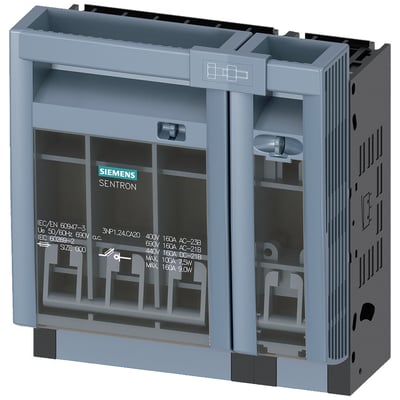 Siemens SENTRON sikringsafbryder 3NP1, 4-polet, NH000, 160A model 3NP1124-1CA20. Synlig mærkat med tekniske specifikationer.