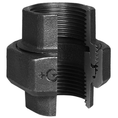 Unico muffe/muffe union fitting i sort jern med 1 1/4" indvendige gevind, vist med et tværsnit der viser gevindene.