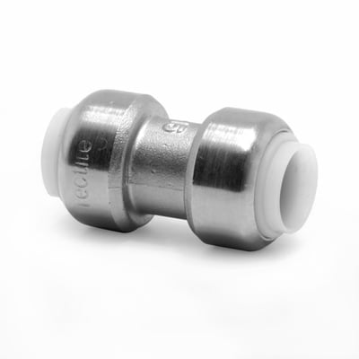 VSH Tectite samlemuffe i krom til 15 mm rør, viser det metalliske design og den hvide plastindsats.