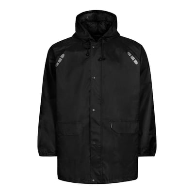 Sort Lyngsøe Rainwear FOX6048 regnjakke i størrelse XS med fast hætte, skjult lukning, frontlommer og refleksdetaljer.