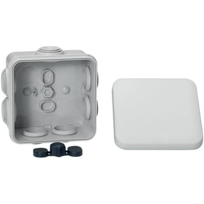 Grå samledåse i plast fra Schneider Electric med dimensioner 80x80x45 mm, vist med separat låg og kabelgennemføring.