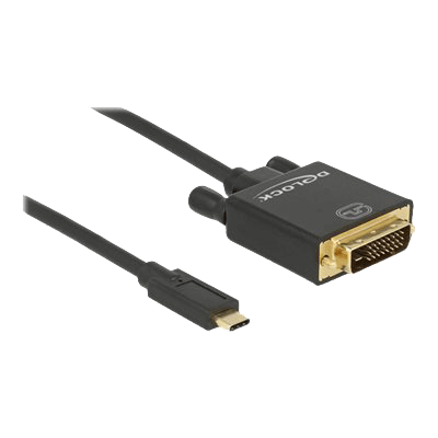 Sort DeLock USB Type-C til DVI-D Dual Link-kabel på 1 meter med USB-C-stik og DVI-stik.